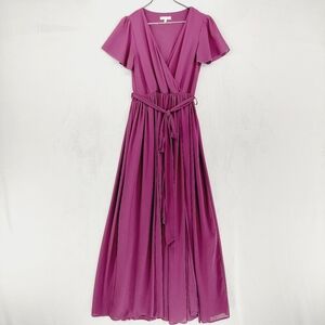 Baltic Born Burgundy Faux Wrap Maxi Dress Flutter Sleeves and Tie Waist P686